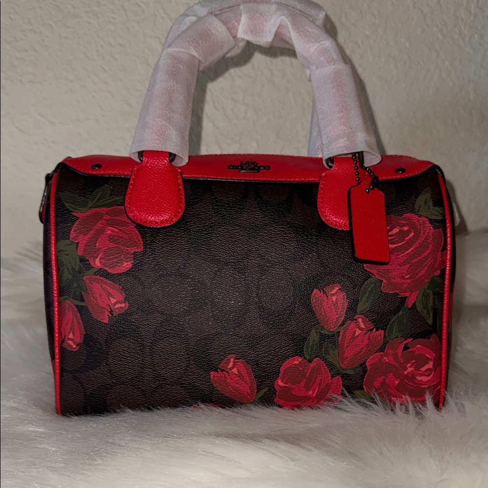 Coach Red and Brown Floral Satchel